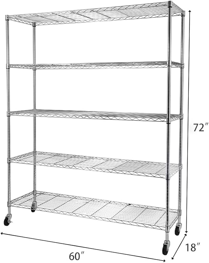Metal Wire Shelving Unit Storage Shelves, Heavy Duty Metal Storage Shelf with Wheels, Adjustable Commercial Wire Rack for Garage or Kitchen (Silver, 5-Tier, 60"x18"x72")