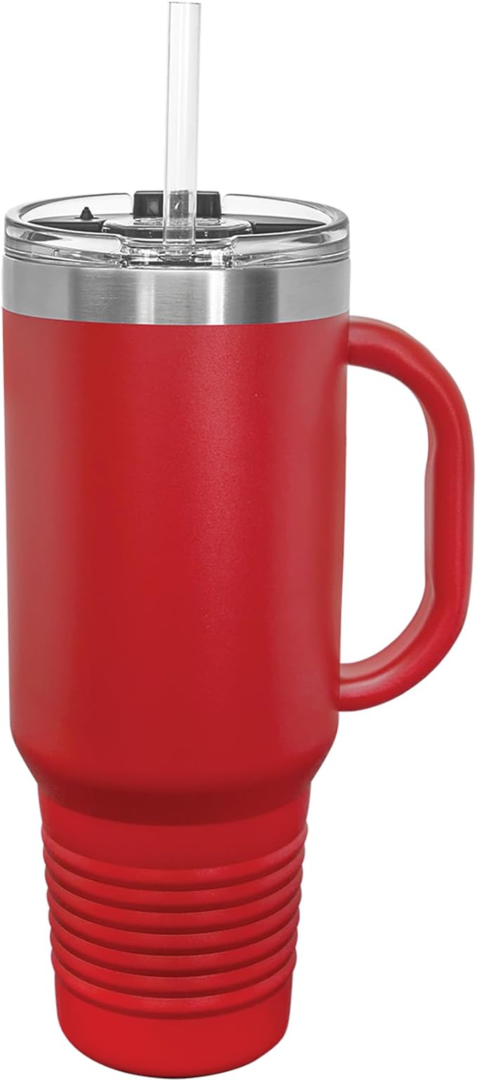 LaserGram 40oz Vacuum Insulated Travel Mug with Handle, Tiki Statue, Personalized Engraving Included (Red)