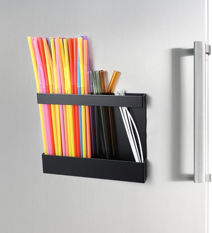 Picowe Magnetic Straw Holder Organizer, Metal 4-Slot Tumbler Straw Organizer for Fridge & Cabinet Door, Drinking Reusable Straws Dispenser Holds 10+ Straws (Black)