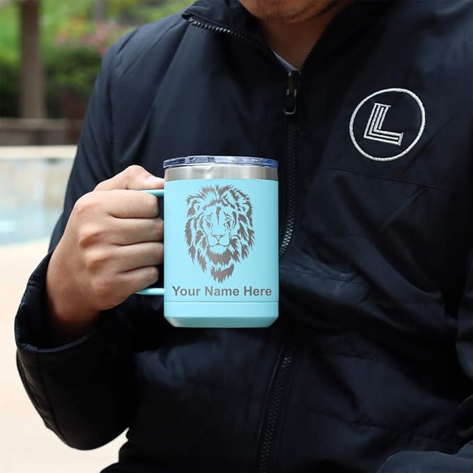 LaserGram 15oz Vacuum Insulated Coffee Mug, Tiki Statue, Personalized Engraving Included (Light Blue)