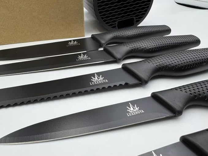 7-Piece Kitchen Knife Set – Ultra Sharp Stainless Steel Knives with Universal Block, 5-Piece Chef Knife Set, Kitchen Scissors – Non-Slip Black Handles, Modern Countertop Set