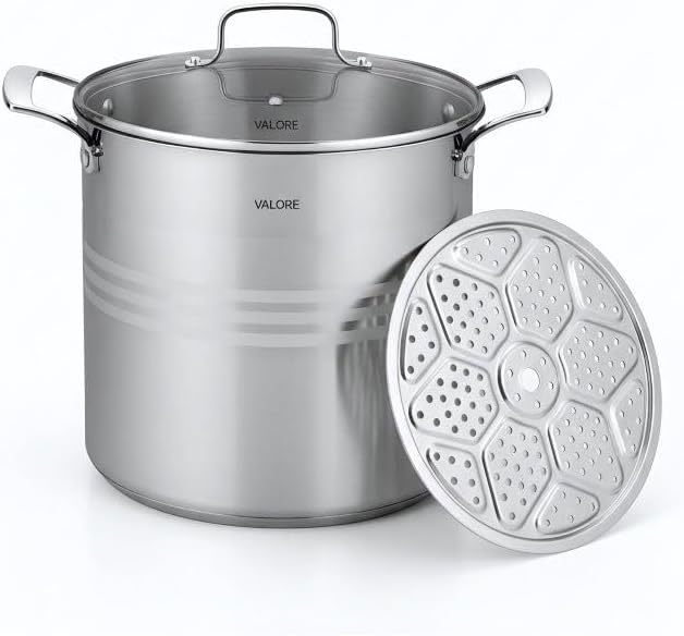 Valore 24 qt Stainless Steel Stock Pot with Lid & Canning Rack - 5-ply Soup Pot with Brushed Stainless Finish & Riveted Handles