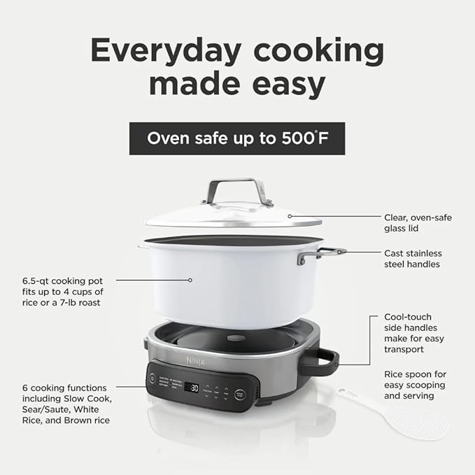Ninja Foodi PossibleCooker Pro 6.5 Qt, Slow Cook Sear/Sauté Braise Rice Oats Pasta & Keep Warm, Nonstick Pot, Compact Countertop Design