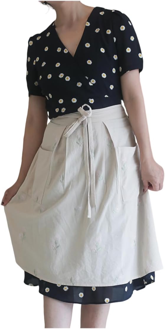 Cotton Long Bistro Half Apron for Woman, Big Pockets, Embroidered Flower, Extra Long Waist Ties, Cook Chore Waitress