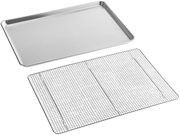 Full Size Aluminum Sheet Pan with Stainless Steel Cooling Rack, 18 Gauge, 18x26 Inch, Wire Rim, Silver, Rectangle, Oven and Freezer Safe