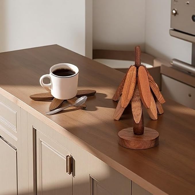 Foldable Walnut Wood Trivet Set for Hot Dishes,Tree Shape Coasters for Hot Pots And Pans, Natural Kitchen Decor With 4 Folding Pads and 1 Stand, Easy Storage
