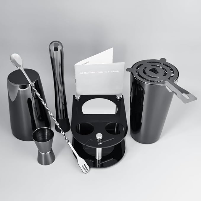 5 Piece Cocktail Shaker Bartender Kit: 750/600ml(25/20oz) Cocktail Shaker Set with Stand, Drink Mixing Includes Martini Shaker,Strainer,Jigger,Bar Mixer Spoon,Muddler Bar Tool Set (Black)