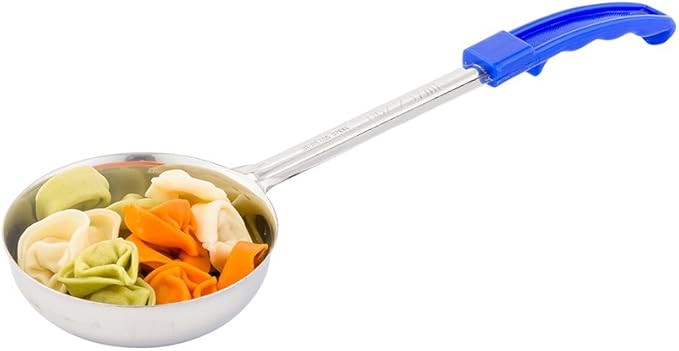 Restaurantware Met Lux 8 Ounce Portion Ladle 1 Perforated Portion Serving Spoon - Blue Handle Dishwashable Stainless Steel Slotted Serving Utensil Multipurpose For Serving Pasta