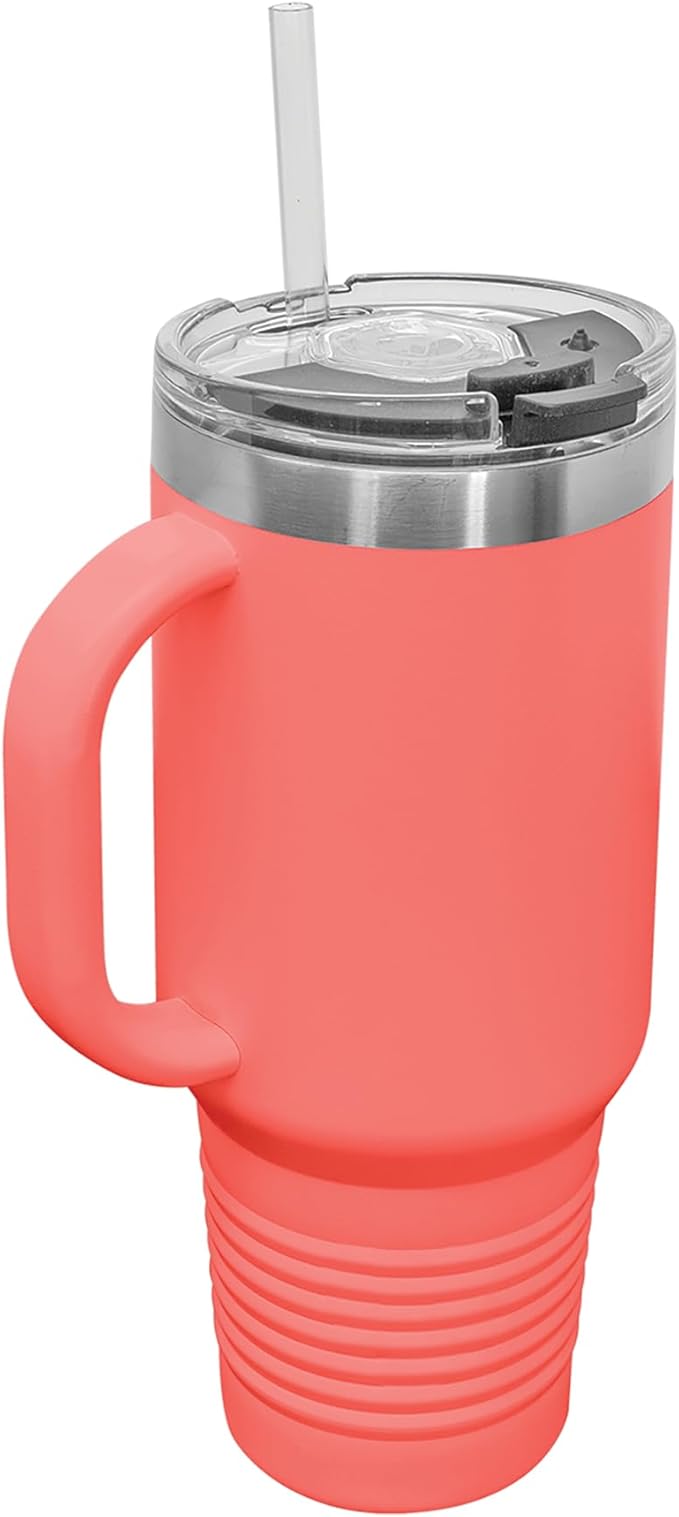 LaserGram 40oz Vacuum Insulated Travel Mug with Handle, Sushi, Personalized Engraving Included (Coral)
