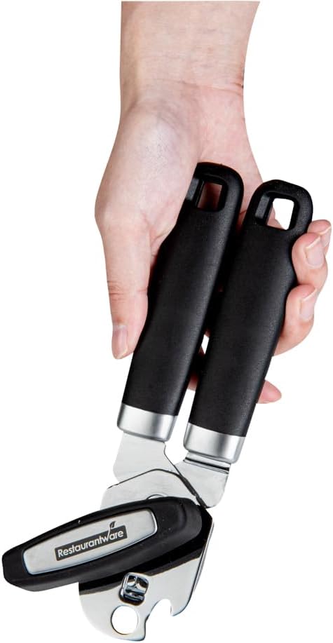 Restaurantware Comfy Grip 7.6 x 1.9 x 2.1 Inch Can Opener 1 Durable Manual Can Opener - Sharp Wheel Blade Grip Handle Black Stainless Steel Hand-Held Can Opener Built-In Bottle Opener