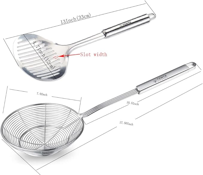 TENTA Kitchen Multi Kitchen Utensil Stainless Steel Cooking Skimmer Slotted Fish Turner Spatula Spoon Colander Drain Water Filter Spoon Ladle Spider Strainer Skimmer Ladle for Cooking &Frying (2pcs)