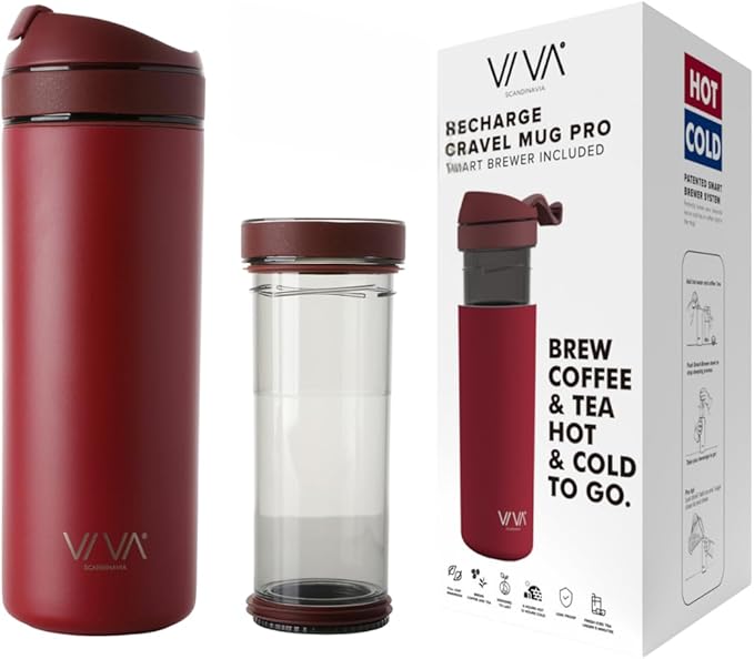 VIVA Recharge Cranberry Red Insulated Tea & Coffee Mug & Travel French Press Coffee Maker, 16 oz, Brew & Drink From the Same Coffee Mug On the Go or Camping
