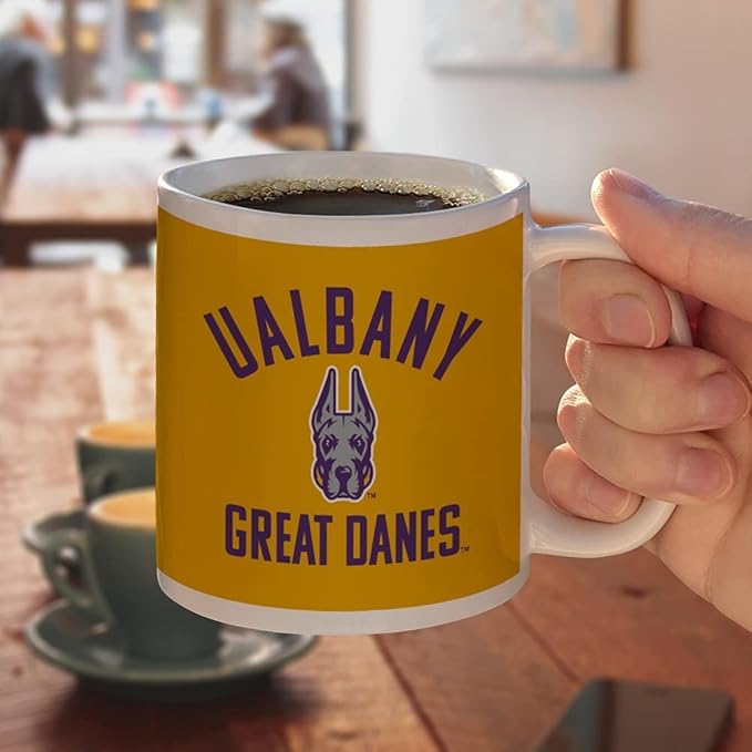 University at Albany Great Danes Ceramic Coffee Mug, Novelty Gift Mugs for Coffee, Tea and Hot Drinks, 11oz, White