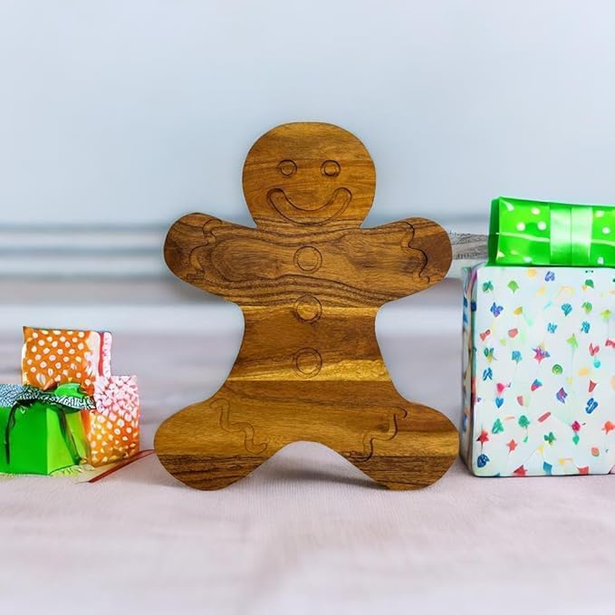 Wood Cutting Chopping Board for Kitchen Christmas Gift Gingerbread Shaped with Grooves, Decorative Wooden Cutting Board for Cheese & Charcuterie.Serving Platter 33.8L x 27.3W cm Brown