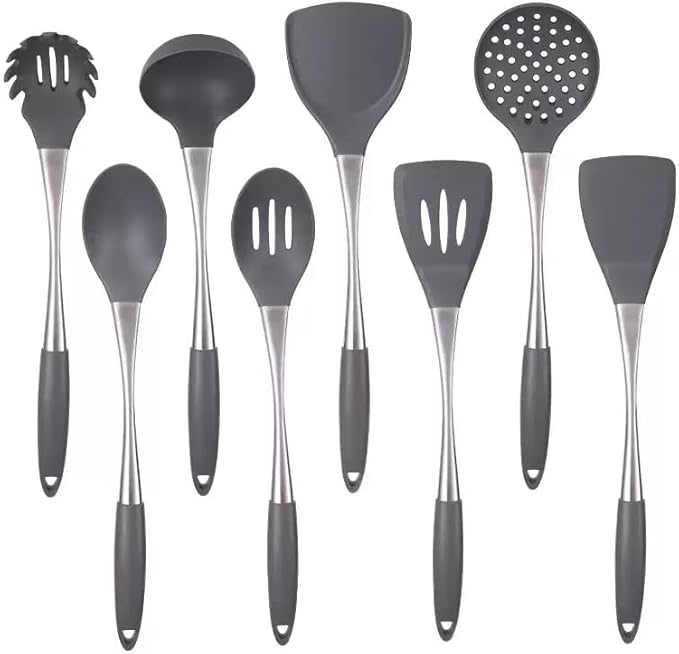 8-Piece White Kitchen Utensil Set with Gold Handles, Stainless Steel Cooking Tools, Includes Spatulas, Ladle, Spoons for Nonstick Cookware (silvery and Grey)