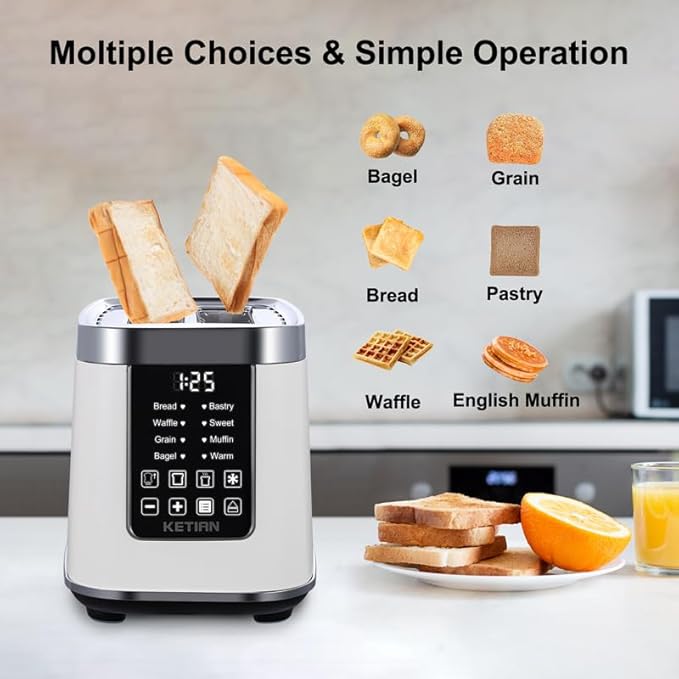 Smart Touch Screen Toaster 2 Slice, KETIAN Automatic Digital Stainless Steel Toaster,7 Bread Types,Single Slot Tech,7 Browning Settings,Removable Crumb Tray,1400W (White)