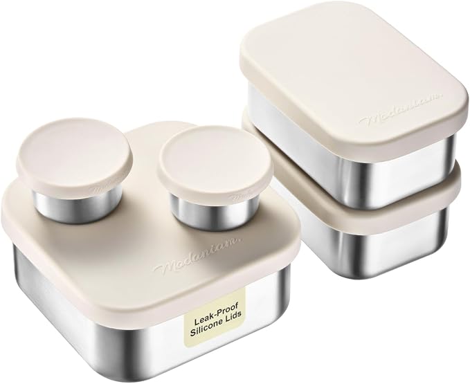 Flexibento - Leak proof Stainless Steel Lunch Box | Sandwich, Snack Pack Lunch Containers with Silicone Lids | Steel Bento Box |Metal lunch Box|1*25 OZ+ 2*13 OZ + 2 *2 OZ| Set Of 5 |Vanilla