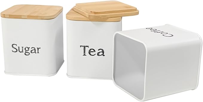 SOTECH Bread Box with 3pcs Jars Coffee Sugar Tea for Kitchen Countertop White Metal Bread Box with Bamboo Board Cover Pastry Storage Container Set Kitchen decor (White Box and Jars)