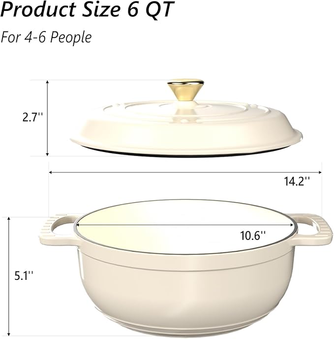 VINGLI 6QT Enameled Cast Iron Round Dutch Oven Pot with Lid, NonStick Casserole Pot with Dual Handles & Silicone GlovesRed, Oven Safe up to 500°F or on Stovetop, Dutch Oven for Bread Baking, White