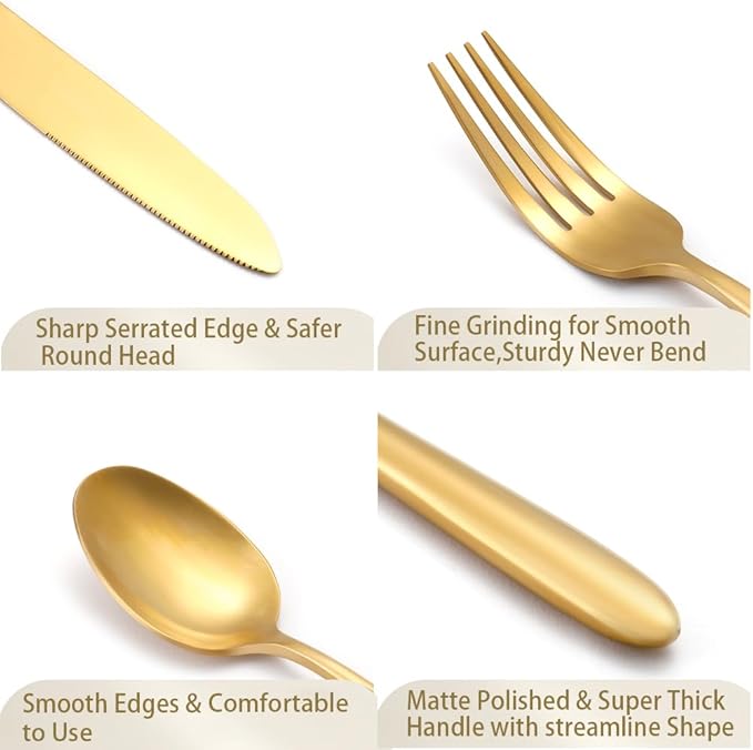 DEACORY Silverware Set Flatware Set Matte Gold Cutlery Set Brushed Finished Heavy Brass Drip Handle Stainless Steel 20 Pieces Service for 4