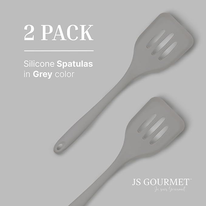 Silicone Slotted Turner Set – 2-Piece Set of Turner Spatulas for Eggs and Pancakes – Kitchen Tools and Accessories with Comfortable Handles, Heat-Resistant Utensils for Cooking & Baking – Grey