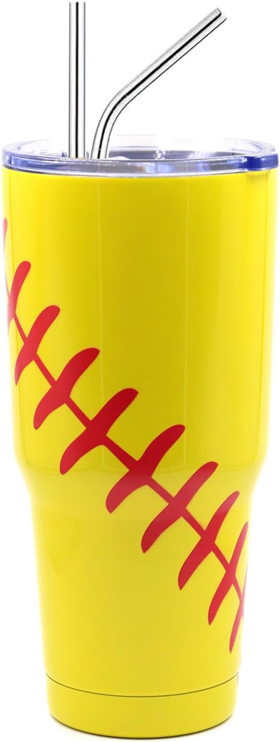 FMYWZS 30 oz Softball Tumbler, Double Wall Vacuum Insulated Stainless Steel Cup Travel Mug with Lid and Straw, Softball Accessories Stuff Gifts for Mom Men Boys Girls