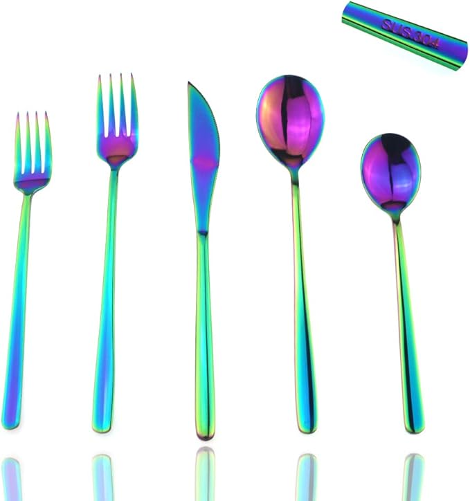 JASHII Mirror Polished Rainbow 30-Piece SUS304 Stainless Steel Flatware Set,Colorful Silverware Set Dinner Knife Fork Spoon Dessert Fork Salad Spoon Service for 6