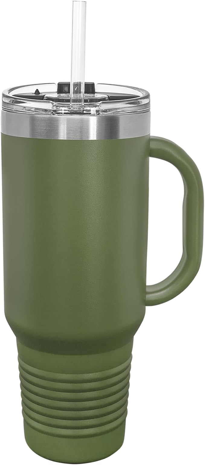 LaserGram 40oz Vacuum Insulated Travel Mug with Handle, Tiki Statue, Personalized Engraving Included (Camo Green)