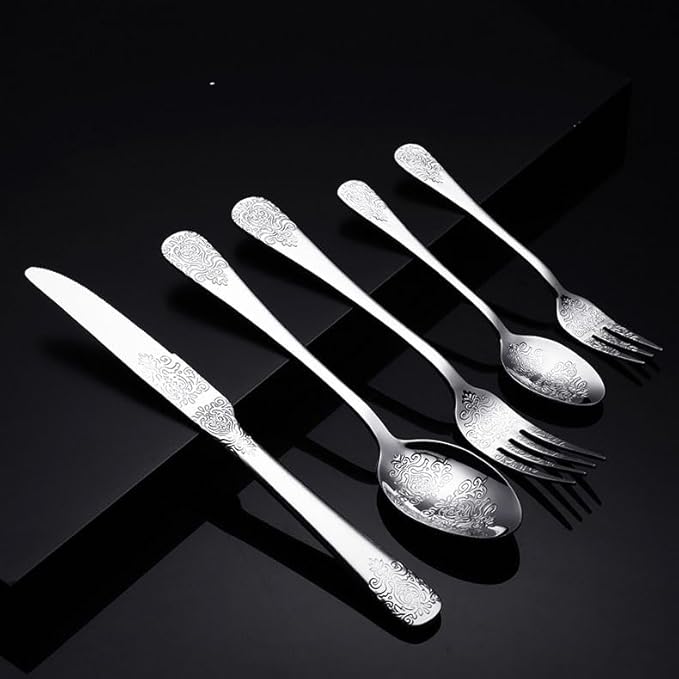 IKXO Silverware Set 40 Piece Silver Flatware Set for 8,Stainless Steel Flatware Cutlery Set For Home Hotel, Kitchen Utensils Set Include Fork Knife Spoon,Mirror Polished,Dishwasher Safe