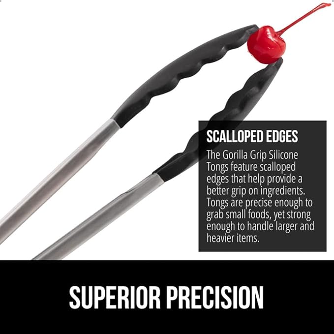 GORILLA GRIP Stainless Steel Heat Resistant Kitchen Tongs for Cooking, 9 + 14 Inch, Set of 2 BBQ Tong, Non Scratch Silicone Tip for Pan, Strong Grip, Grab Food, Toss Salad, Air Fryer, Pull Lock, Black
