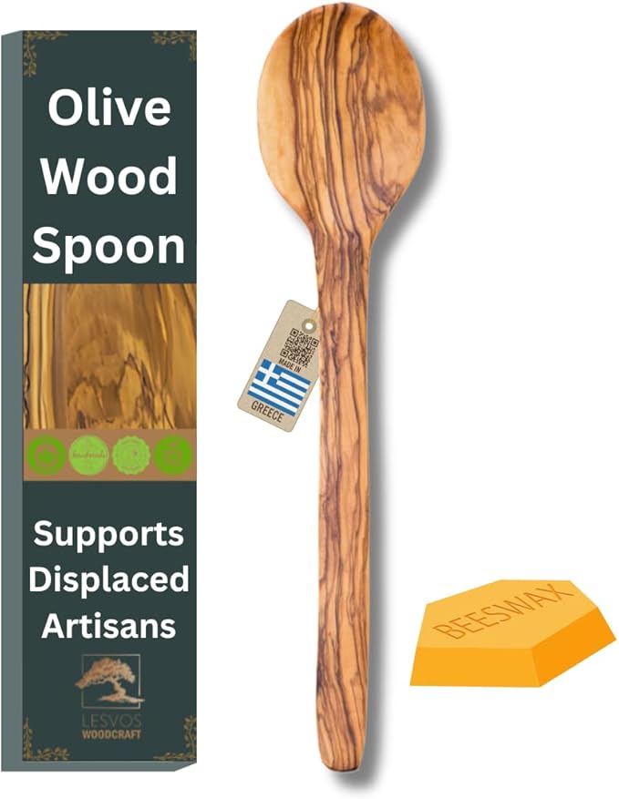 Olive Wood Spoon - 11'' Serving and Cooking Spoon, Artisan Utensil, Fair-Trade, Handcrafted Serving Utensils, Olive Wood Utensils, Wooden Cooking Spoon - LESVOS WOODCRAFT