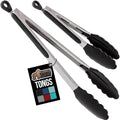 GORILLA GRIP Stainless Steel Heat Resistant Kitchen Tongs for Cooking, 7 + 12 Inch Set of 2 BBQ Tong, Non Scratch Silicone Tip for Pan, Strong Grip, Grab Food, Toss Salad, Air Fryer, Pull Lock, Black