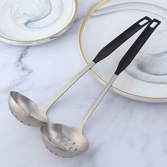 Buyer Star 2 Pcs Soup Ladle Colander, Silver Black Cookware Serving Long Handle Steel Slotted Spoon Cooking Utensil Set for Hotpot