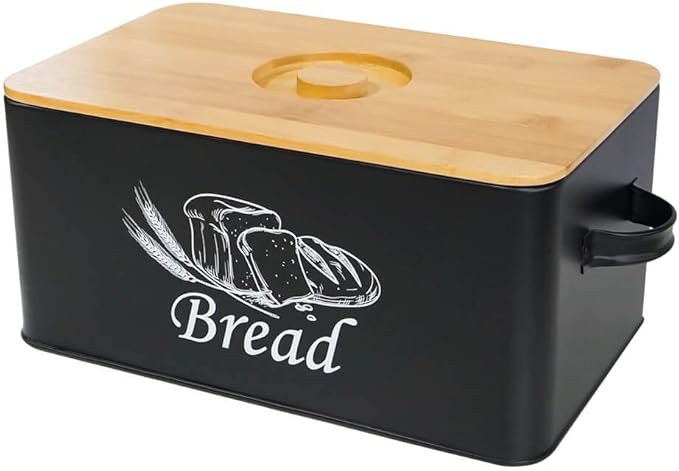 SOTECH Bread Box for Kitchen Countertop Metal BreadBox with Cutting Board Bamboo lid Black Bread Bin Farmhouse Food Storage Container Holder