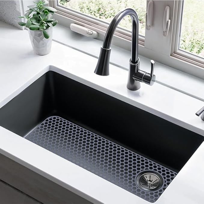 Silicone Sink Protectors for Kitchen Sink - 28.4"x 14.3" Kitchen Protector Accessory, Non-Slip Heat Resistant Mat for Bottom of Farmhouse Porcelain Stainless Steel (Top Right Drain Hole,Gray)