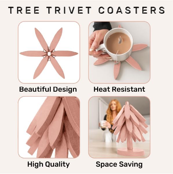 Wooden trivets for hot Dishes – 4 Tree-Shaped Coasters & 1 Stand for Hot Pots, Dishes | Heat-Resistant, Space-Saving Pot Rest & Cozy Kitchen Decor, Tree Trivets for Counter + Special Bonus (Blush)