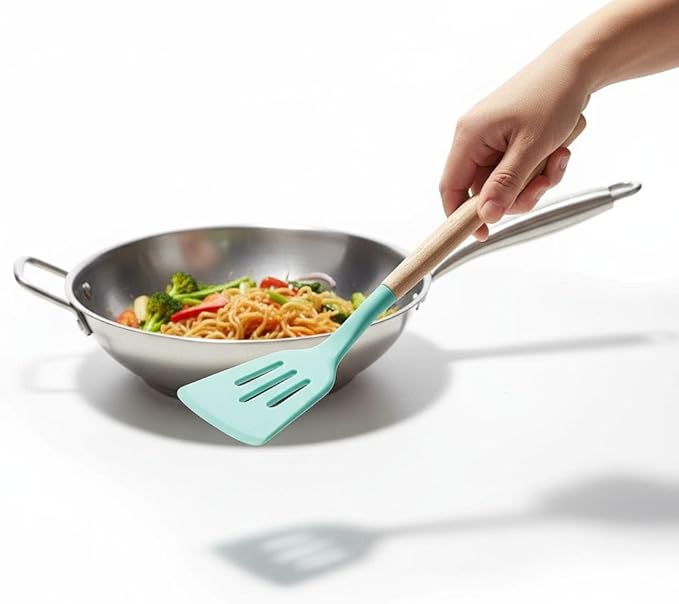 Silicone Cooking Spoons, 2-Piece Nonstick Utensil Set with Acacia Wood Handles - Heat-Resistant for Frying, Serving & Turning Spatula