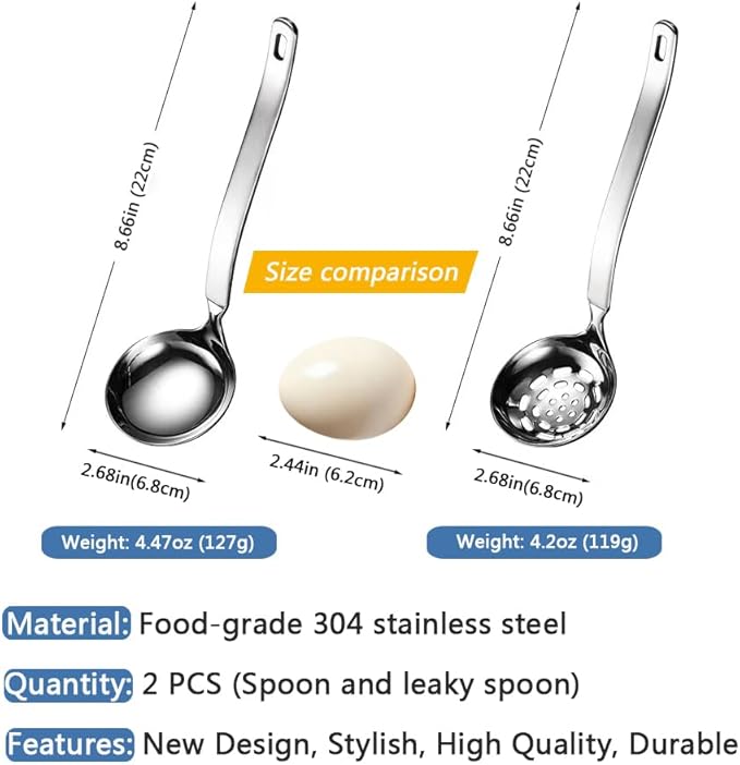 Small Soup Ladle Metal SUS304 Stainless Steel Ladles Spoon And Slotted Colander Spoon Set Soup Ladle With Holes Strainer Scoop Ladles For Serving Gravy Hot Pot Or Restaurant,2 Piece Set