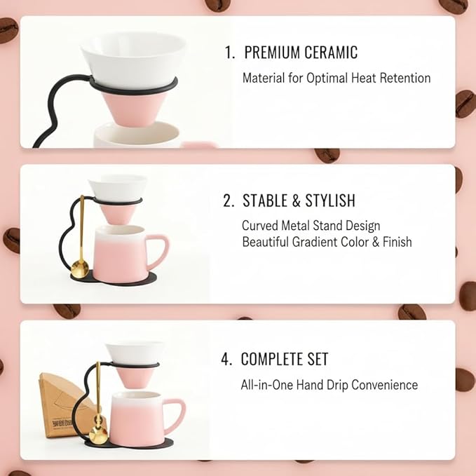 Pour Over Coffee Maker set,Ceramic Coffee Maker With V60 40 pcs Paper Filter，Metal Stand 9oz 270ml mug Pour Over Coffee Dripper Pink