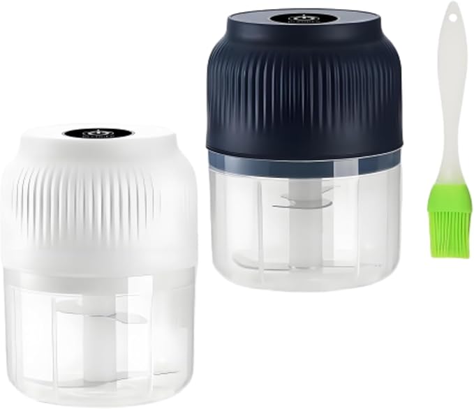 Electric Garlic Chopper, 300ml Mini Portable Veggie Cutter, Dicer with 4 Stainless Steel Blades, One-Touch Operation for Garlic, Onion, Nuts, Easy to Clean, Dishwasher Safe (Set)