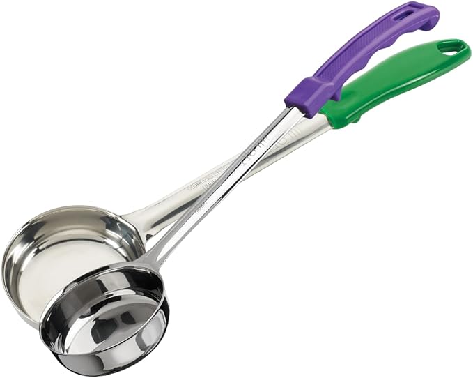 2 Pack Solid Food Portioner, 4-Ounce Medium – Stainless Steel Serving & Cooking Spoon with Purple and Green Handle for Soup, Sauce, Gravy, Kitchen or Food Prep