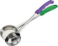 2 Pack Solid Food Portioner, 4-Ounce Medium – Stainless Steel Serving & Cooking Spoon with Purple and Green Handle for Soup, Sauce, Gravy, Kitchen or Food Prep