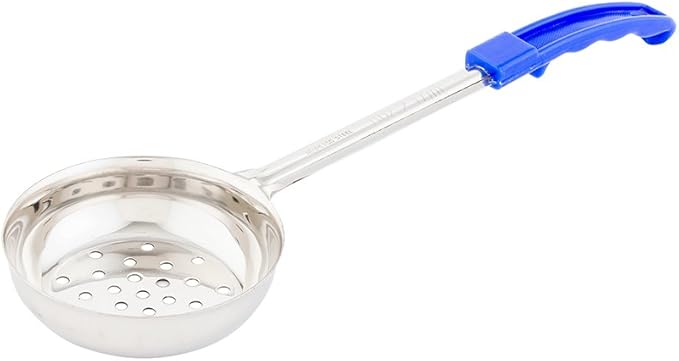 Restaurantware Met Lux 8 Ounce Portion Ladle 1 Perforated Portion Serving Spoon - Blue Handle Dishwashable Stainless Steel Slotted Serving Utensil Multipurpose For Serving Pasta
