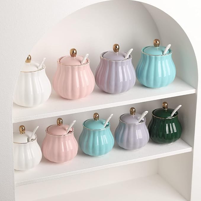 Sweejar Royal Ceramic Sugar Bowl, 8 Ounce Sugar Container with Spoon and Lid, Porcelain Salt Bowl Salt Container, Sugar Holder for Coffee Bar, Home and Kitchen(White)