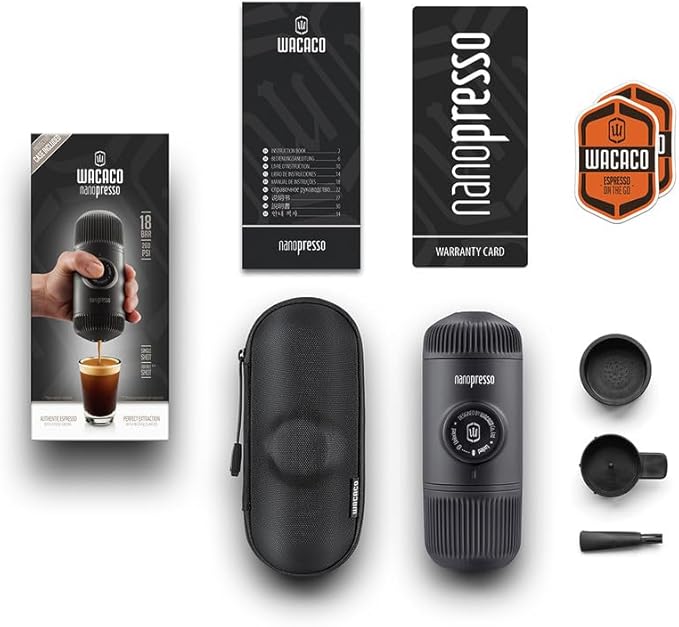WACACO Nanopresso Portable Espresso Maker Bundled with Protective Case, Mini Travel Coffee Machine, Perfect for Camping, Travel and Office（ Black）
