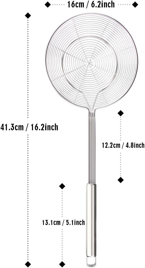 YFWOOD 6.3 Inch Spider Strainer Skimmer, Reinforced Double Coil Wire Skimmer with Large Handle Solid Stainless Steel Strainer Ladle,for Kitchen Deep Frying Food Spaghetti Noodle (1 - Piece)