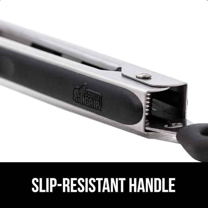 GORILLA GRIP Stainless Steel Heat Resistant Kitchen Tongs for Cooking, 7 + 9 + 12 Inch Set of 3 BBQ Tong, Non Scratch Silicone Tip for Pans, Strong Grip, Grab Food, Toss Salad, Pull Lock, Black