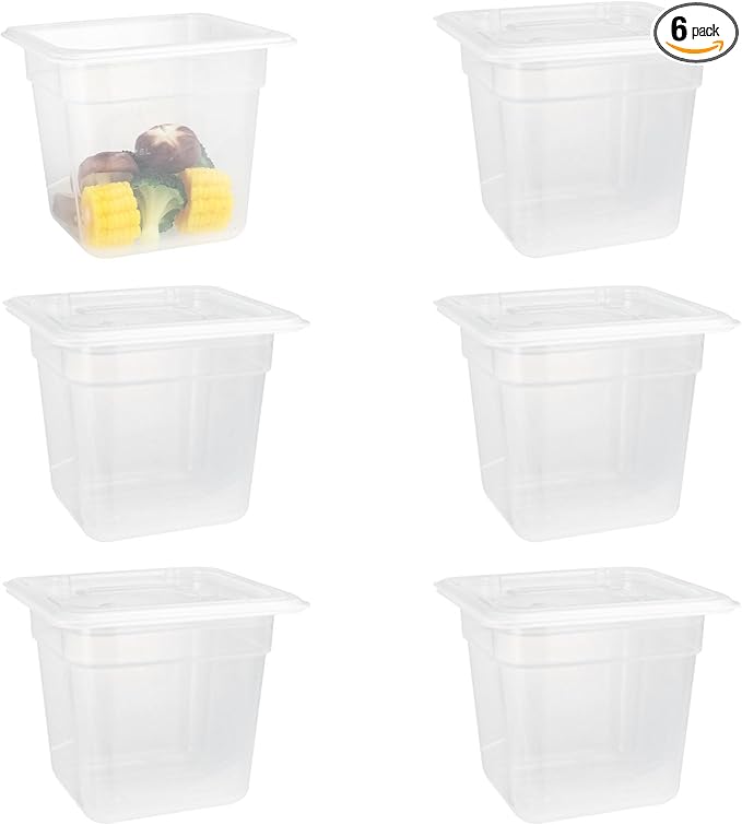 6-Pack Food Pan with Lids, 1/6 Size Food Storage Containers for homes, schools, restaurants, hotels Meal Prep, -40℉-160℉, Stackable, Freezer-Safe (1/6 size 6 inch deep, 2.22L/2.35QT)