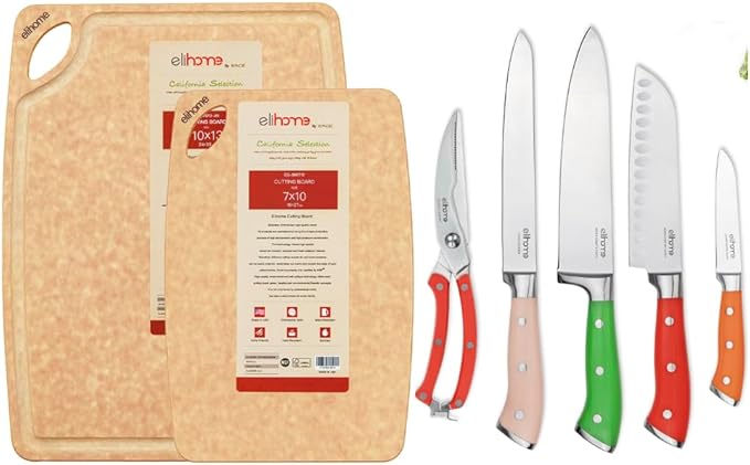 Elihome 2-piece Class Dishwasher Safe Cutting Board Set with 5-piece Premium Stainless Colorful handle Steel Knife Set