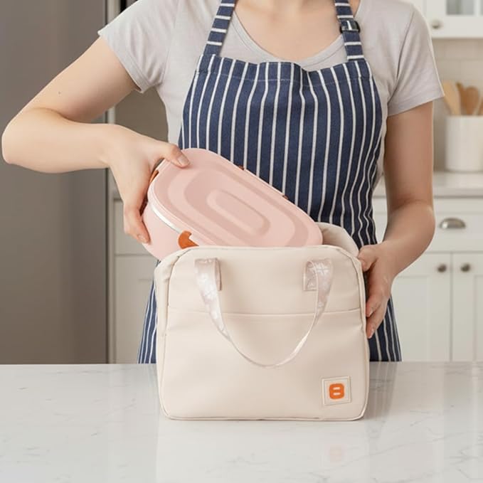 Insulated Bento Box with Thermo, 18/8 Stainless Steel Lunch Box, Bento Box for Adults and Kids with PP5 Containers, Food Containers with Bag for Office or School, Pink